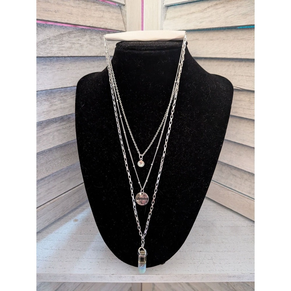 Justice Girls Silver Layered Necklace Strong Charm Crystal Pendant NWT